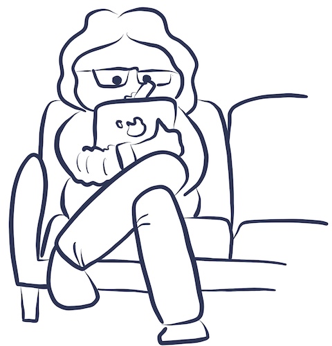 Illustration of a woman sitting on a couch holding an iPad and drawing