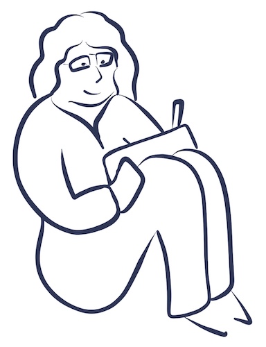 Illustration of a woman curled up in bed drawing