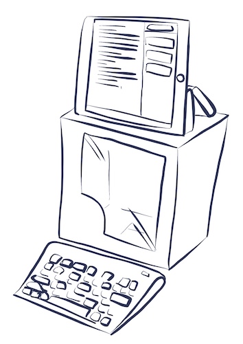 Illustration of an iPad on top of a cardboard box with a keyboard in front of it, setup like an old desktop PC