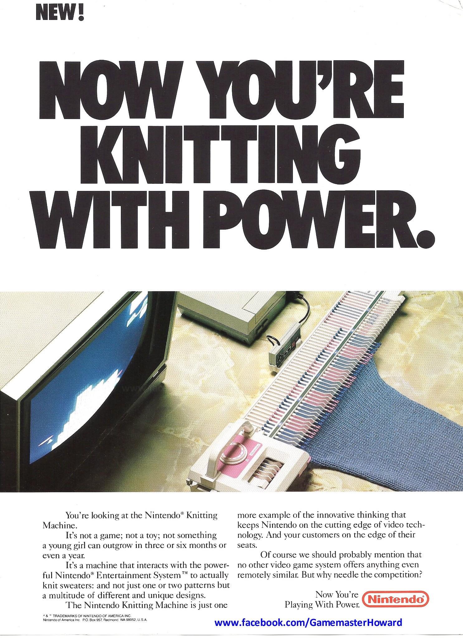 Now You're Knitting With Power - advertisment showing a knitting machine with partially-worked knitting, a CRT TV showing some kind of guide or instructions, and a Nintendo Entertainment System