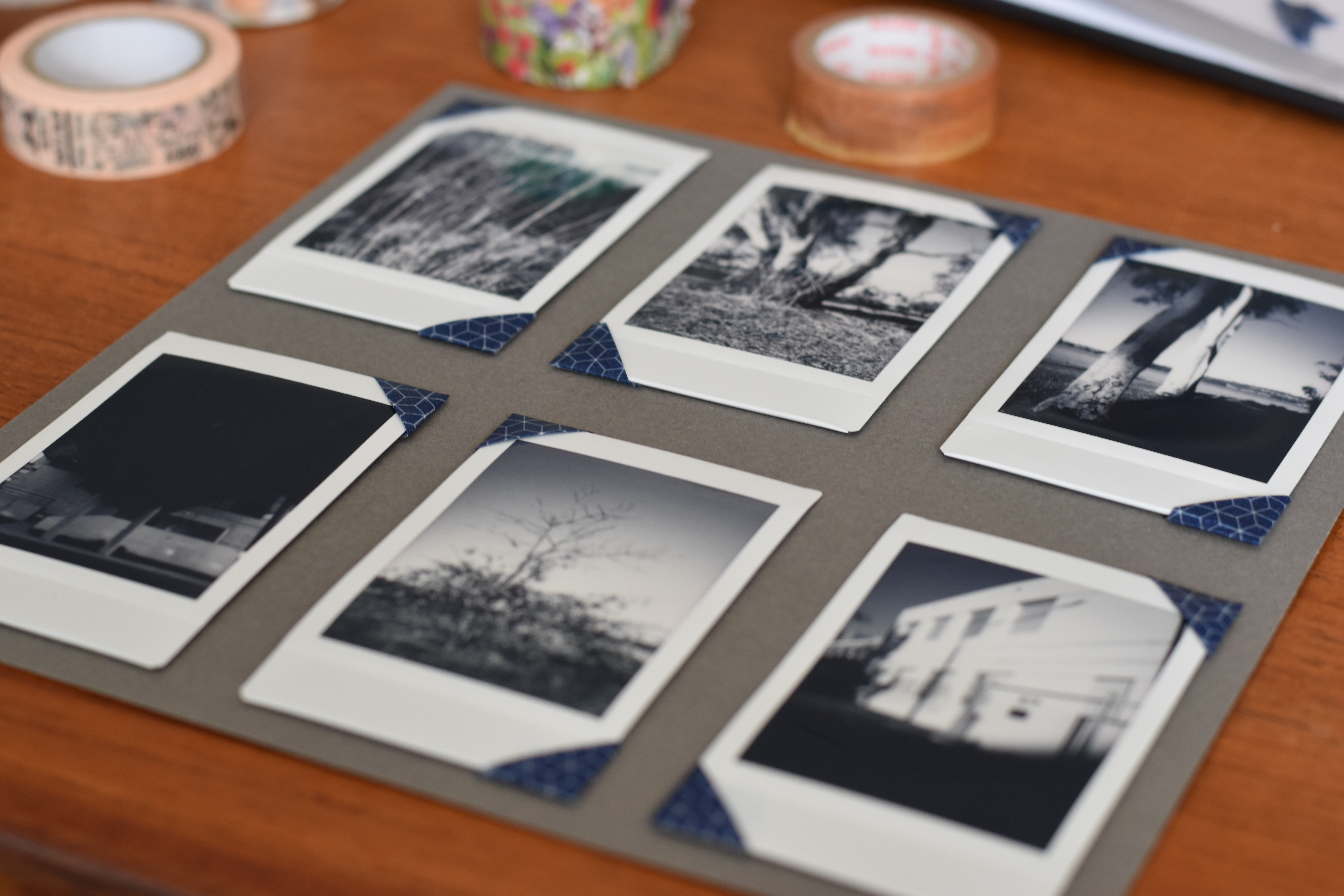A page from a photo album. All six photos are held in with washi tape photo corners