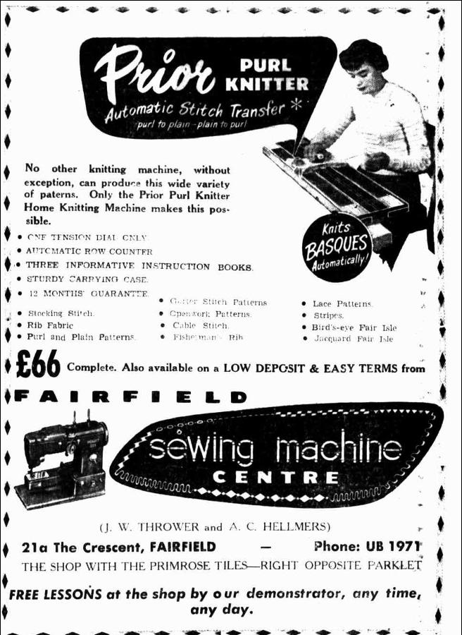 Newspaper advertisment for the Prior Purl knitting machine. It's a poor quality photo copy, but it does show a picture of someone using the machine